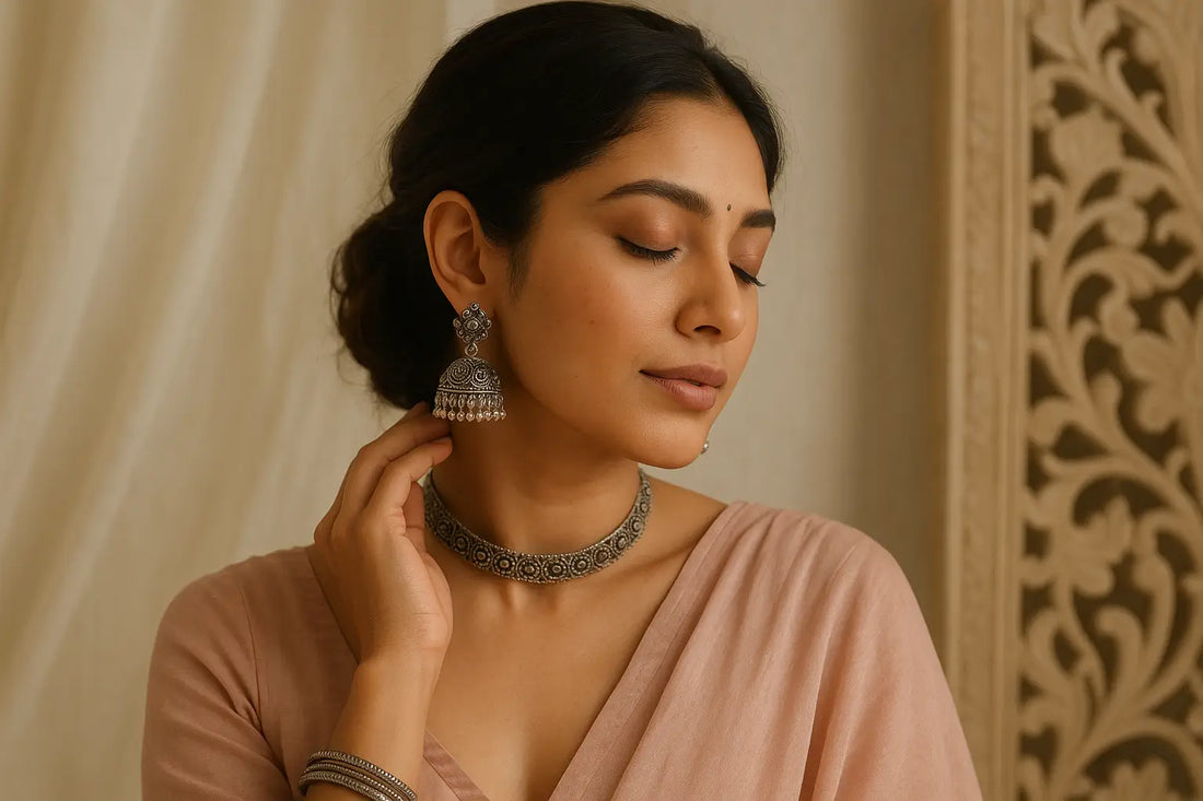 South Asian woman wearing traditional oxidized silver jhumka earrings, a matching choker necklace, and bangles, styled in a soft pink Indo-western outfit with elegant natural makeup, posing gracefully with eyes closed in a warm, minimal indoor setting.