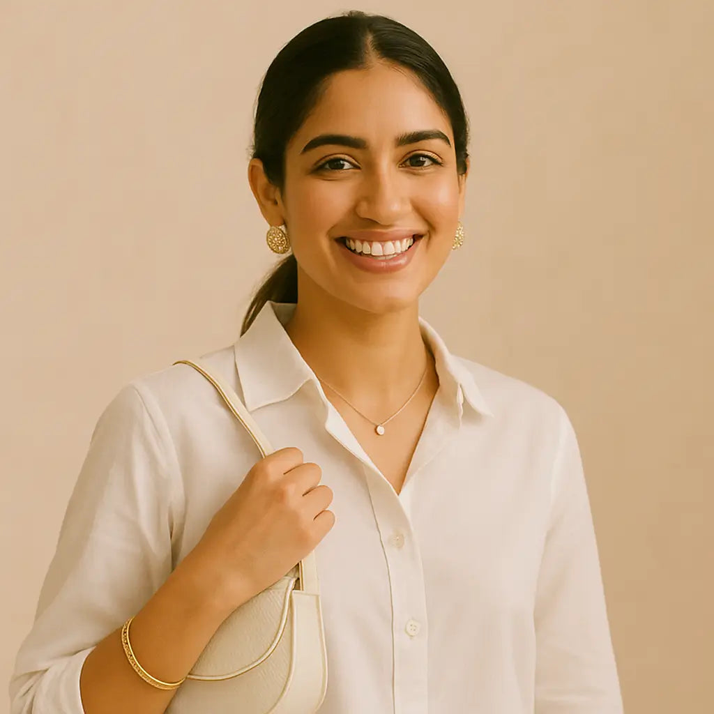 Smiling woman in a white shirt holding a cream handbag, styled with gold stud earrings, a delicate pendant necklace, and a sleek gold bangle — reflecting Tarna’s modern minimalism and everyday elegance.