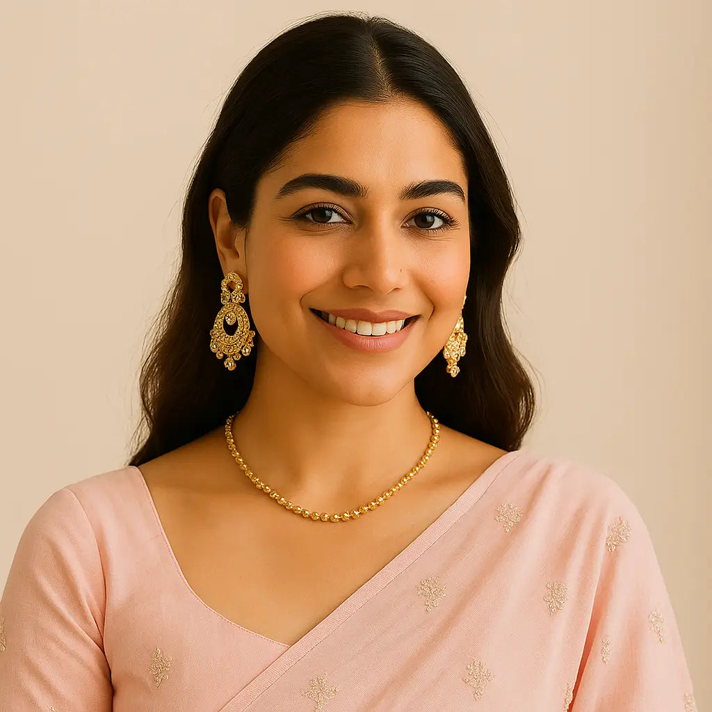 Smiling woman in a soft pink embroidered saree wearing traditional gold jhumka earrings and a beaded gold necklace — capturing Tarna’s graceful blend of heritage and modern elegance for festive or wedding occasions.